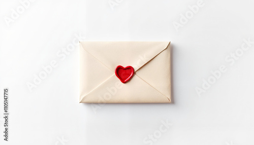 Sealed envelope with red heart wax stamp on white background