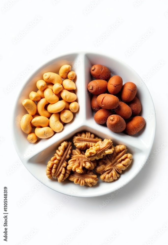Cashews, Walnuts, and Nuts in Divided Dish. Cashews, Walnuts, and Nuts in Divided Dish.