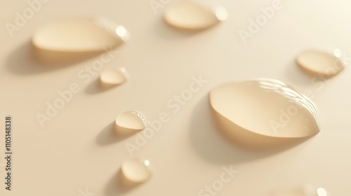 11.Minimalist composition of water droplets delicately resting on a smooth pastel beige background, with soft, natural lighting. The droplets glisten subtly, casting gentle shadows and reflections,