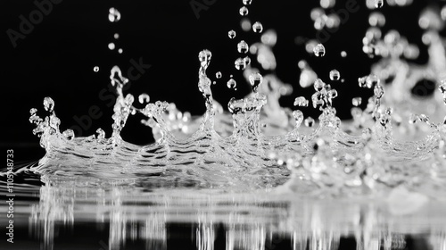 5.A dynamic close-up of multiple droplets splashing onto a reflective water surface, each drop forming unique ripple patterns. The contrast between the stillness of the water and the energy of the photo