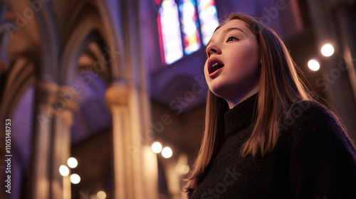 Young woman singing in black turtleneck, illuminated by church lights with stained glass and arches behind photo