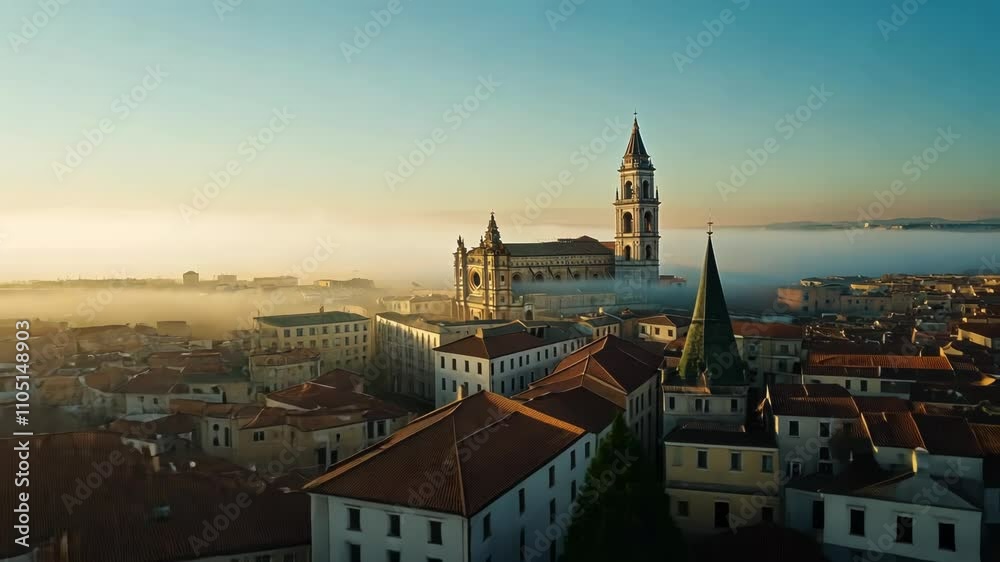 Majestic Cathedral of Syracuse, Sicily, Italy: A Breathtaking Aerial View at Sunrise, Enveloped in Misty Morning Glow Majestic Cathedral of Syracuse, Sicily, Italy: A Breathtaking Aerial View at Sunrise, Enveloped in Misty Morning Glow