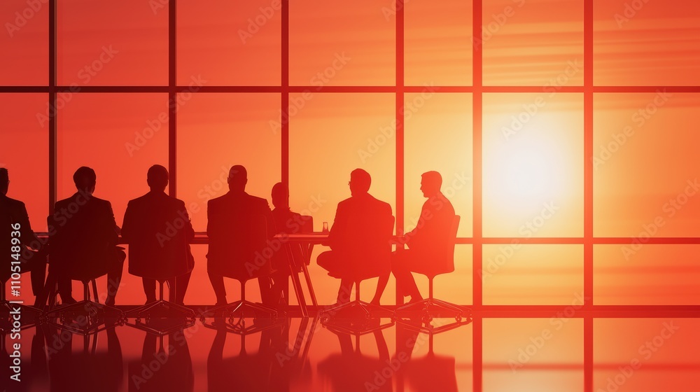 Silhouetted figures in a meeting room against a vibrant sunset backdrop, depicting collaboration and decision-making. Silhouetted figures in a meeting room against a vibrant sunset backdrop, depicting collaboration and decision-making.