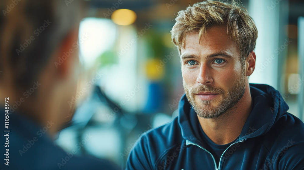 Young man with beard wearing casual jacket indoors, looking contemplative Young man with beard wearing casual jacket indoors, looking contemplative