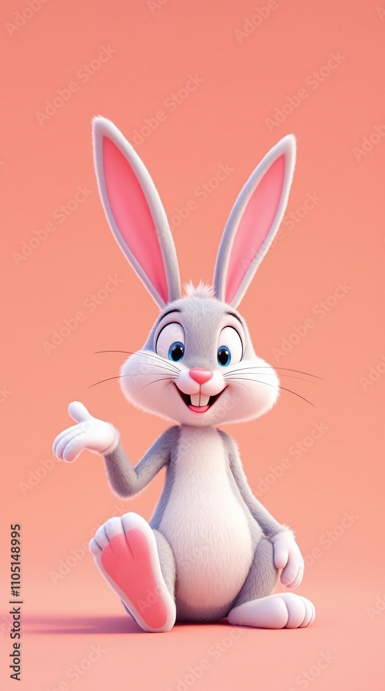 Fototapeta premium A bunny poses in a comical sitting position with one leg stretched out, cute animal, sitting bunny, whimsical scene, cartoon character, funny position