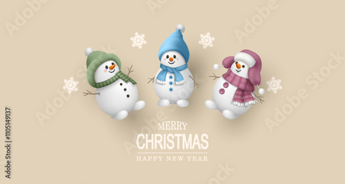 A festive minimalistic composition with cute snowmen in hats and knitted scarves. Beautiful festive background with Christmas toys