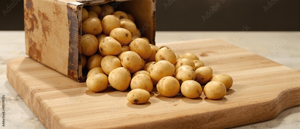 A cluster of potatoes spilling out of a wooden box onto a cutting board, harvest season, cooking, organic, burlap, potato harvest A cluster of potatoes spilling out of a wooden box onto a cutting board, harvest season, cooking, organic, burlap, potato harvest