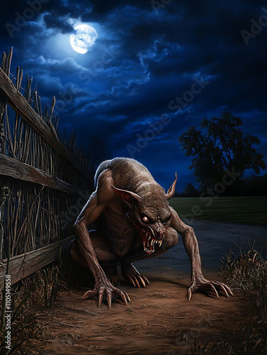 Chupacabra crouched near farm fence under moonlight, showcasing its menacing features in dark, eerie landscape. scene evokes sense of fear and mystery