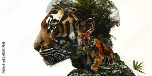 A double exposure image blending a tiger with a human face, symbolizing nature and identity. photo