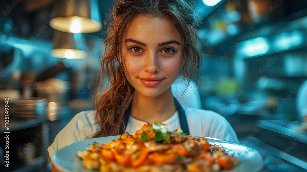 Young woman chef proudly presenting gourmet dish in restaurant kitchen at night