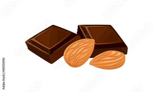 Pieces of dark chocolate bar and almonds. Vector cartoon flat illustration. Sweets icon.