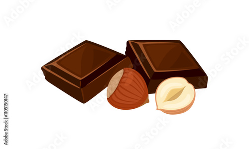 Pieces of dark chocolate bar and hazelnut. Vector cartoon flat illustration. Sweets icon.