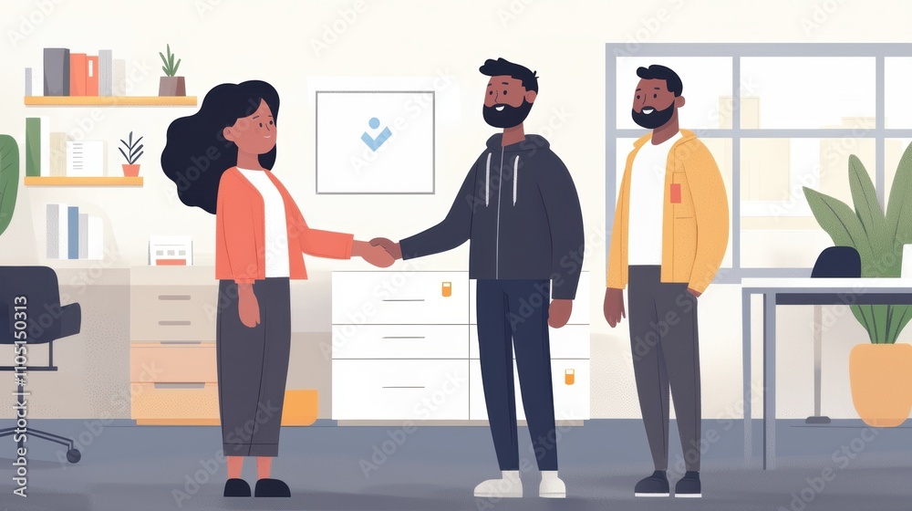 Obraz premium A digital illustration of three people in an office setting, engaging in a handshake, symbolizing collaboration and professional interaction.