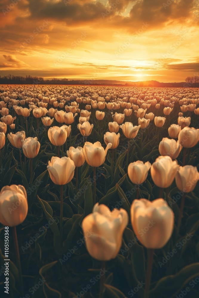 Obraz premium Field of White Tulips at Sunset