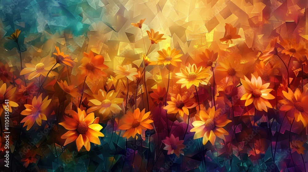 Abstract autumnal floral art with vibrant sunflowers and geometric background. Abstract autumnal floral art with vibrant sunflowers and geometric background.
