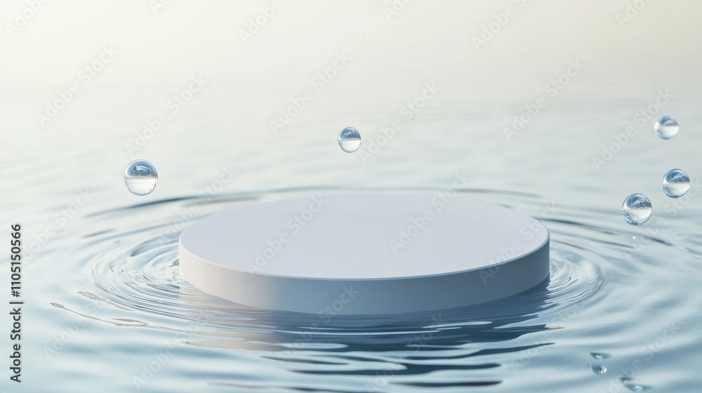 67.3D illustration of a white circle podium placed on a calm water surface, surrounded by rising bubbles. The water reflects the podium and surrounding light, creating a peaceful, ethereal mood, 67.3D illustration of a white circle podium placed on a calm water surface, surrounded by rising bubbles. The water reflects the podium and surrounding light, creating a peaceful, ethereal mood,