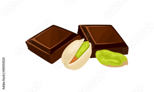 Pieces of dark chocolate bar and with pistachios. Vector cartoon flat illustration. Sweets icon.
