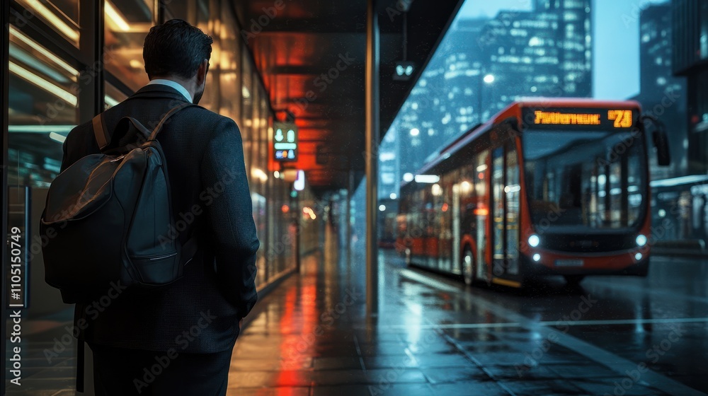Fototapeta premium Businessman Commuting with Backpack at Bus Station