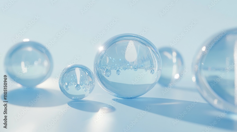 50.Blue minimalist background featuring several transparent glass balls arranged in a geometric pattern. Sunlight softly interacts with the spheres, creating delicate highlights and reflections, 50.Blue minimalist background featuring several transparent glass balls arranged in a geometric pattern. Sunlight softly interacts with the spheres, creating delicate highlights and reflections,
