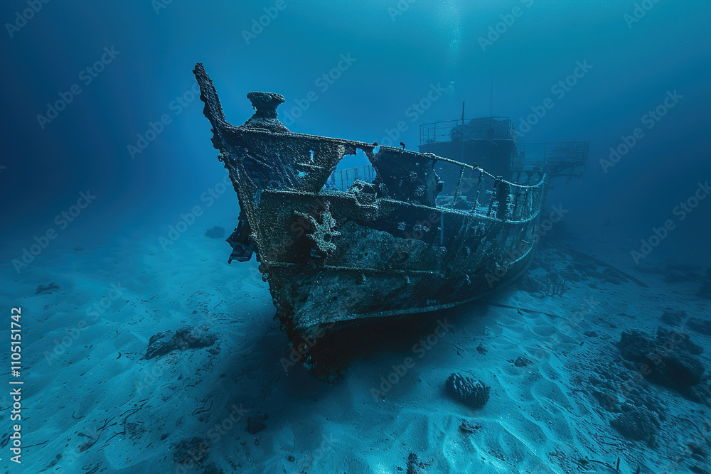 Underwater view of an sunken ship on seabed with fish swimming around Underwater view of an sunken ship on seabed with fish swimming around