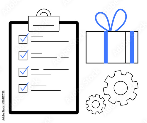 Checklist with blue checks, gift with blue ribbon, two gears. Ideal for productivity, goal setting, planning, rewards, project management time management teamwork. Line metaphor