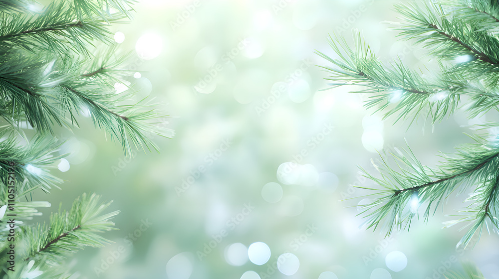 Close-up of blurred green pine tree branches with a bokeh background of lights Close-up of blurred green pine tree branches with a bokeh background of lights
