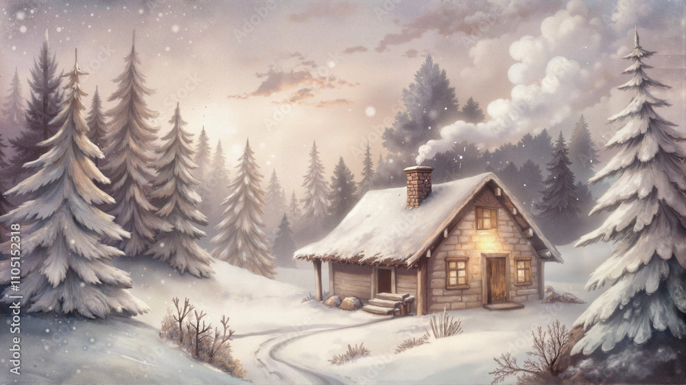 Snowy cabin in serene forest landscape Snowy cabin in serene forest landscape