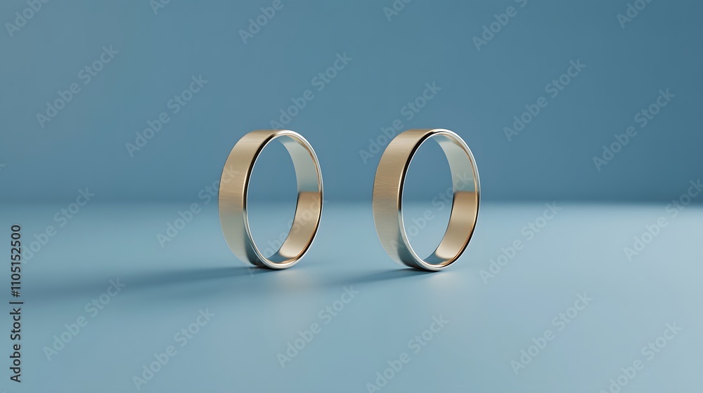 Two golden wedding rings, one smooth and the other with a textured finish, sitting side by side on a table, in a close-up view of their sides. Two golden wedding rings, one smooth and the other with a textured finish, sitting side by side on a table, in a close-up view of their sides.
