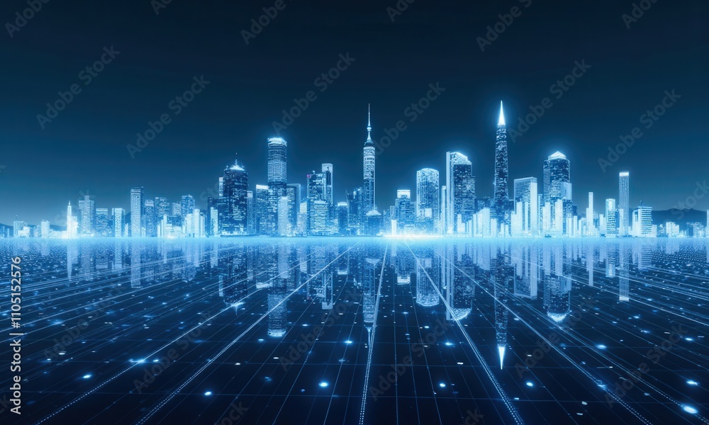 Digital Cityscape: Neon Skyline Reflection Digital Cityscape: Neon Skyline Reflection