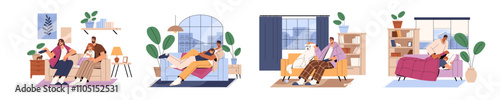 People watching TV on couch together set. Happy family with kid, couple spends time with movie at home. Woman falls asleep on sofa while film. Flat isolated vector illustrations on white background