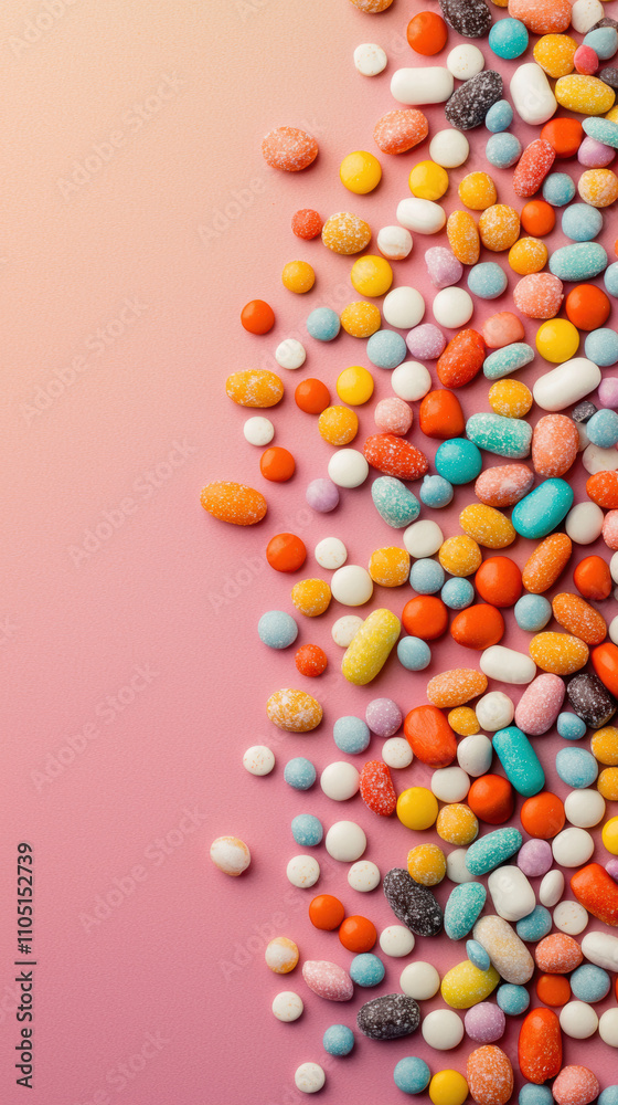 Obraz premium Food sweet snack junk diet concept. Colorful candy spread on a pink background
