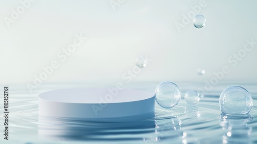 69.A serene 3D illustration of a white podium emerging from a glassy water surface, with delicate bubbles floating upward. The water's reflective quality enhances the minimalist design, with the