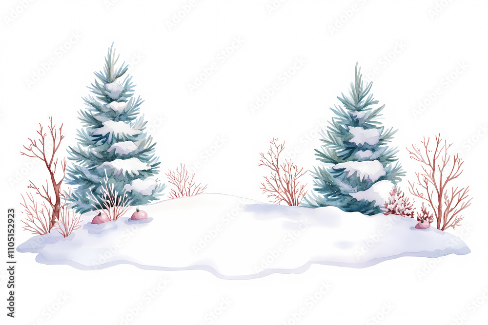 A serene winter landscape featuring snow-covered trees and a peaceful environment. On white background