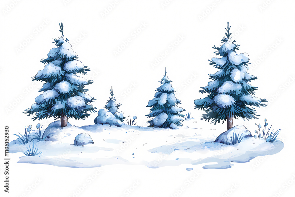 A serene winter landscape featuring snow-covered trees and a tranquil atmosphere. On white background A serene winter landscape featuring snow-covered trees and a tranquil atmosphere. On white background