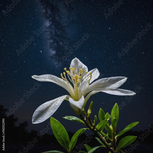 A macro shot of a delicate jasmine flower opening under a starry night sky.