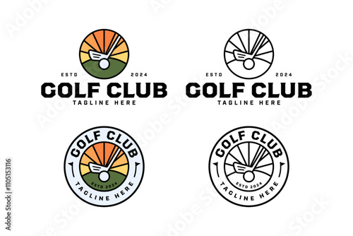 golf club, ball, course with sunset line art illustration logo design. golf club, ball, field with sunset, sunburst circle badge logo design set for golfer, golf sport, golf tournament and golf club