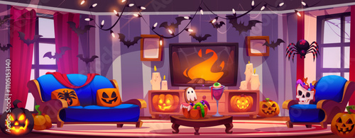 Room interior in house for Halloween party vector. Magic indoor castle decoration with scary candy on table, pumpkin, potion, spider and bat. Cozy holiday furniture and autumn decor for celebration
