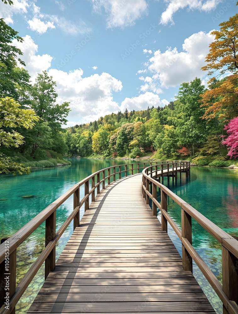 A scenic wooden bridge spanning a clear river with a lush summer backdrop, greenery, river