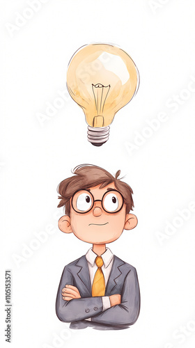 A thoughtful character in a suit envisions innovative ideas with a light bulb above symbolizing creativity. On white background