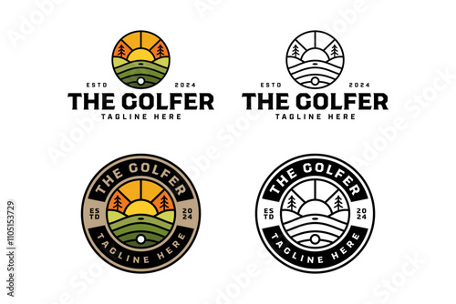 golf course with ball, tree, sunset line art illustration logo design. golf field with ball, pine, sunburst circle badge logo design set for golfer, golf sport, golf tournament and golf club