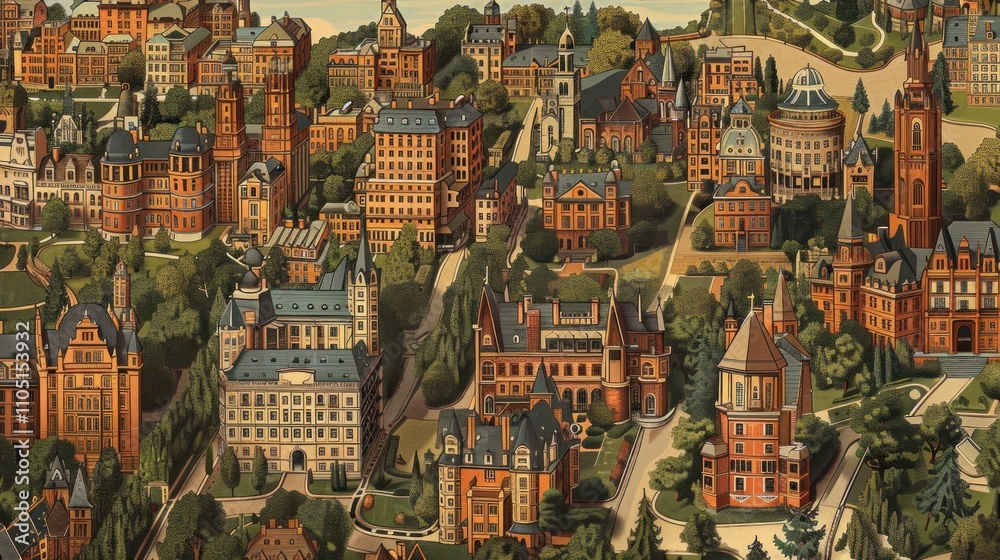 Obraz premium Aerial view of a historic university campus with numerous buildings and lush greenery.