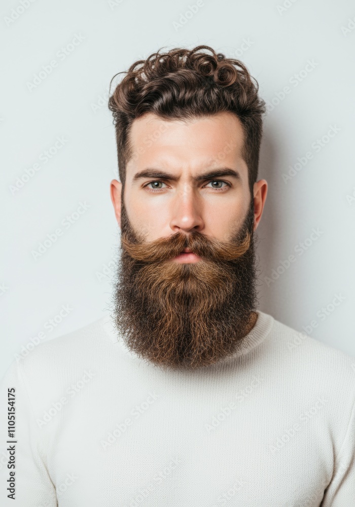 Fototapeta premium Young man with thick beard and curly hair wearing white sweater