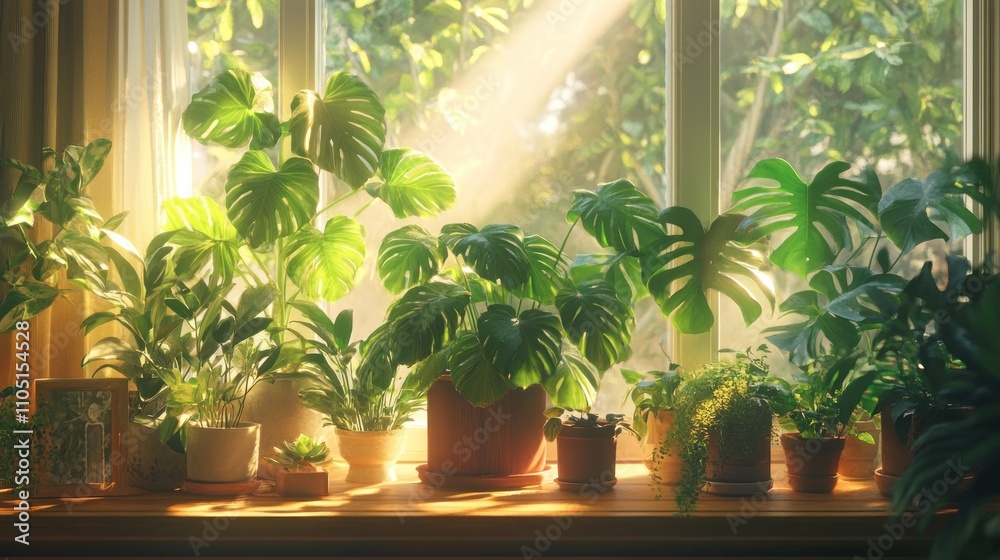 A windowsill filled with various potted plants, bathed in warm sunlight. A windowsill filled with various potted plants, bathed in warm sunlight.