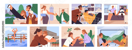 Friendship moments concept set. Happy diverse friends have fun, make selfie, study, travel, hang out, spend time together. People quarrel, love, support, comforting fellows. Flat vector illustrations