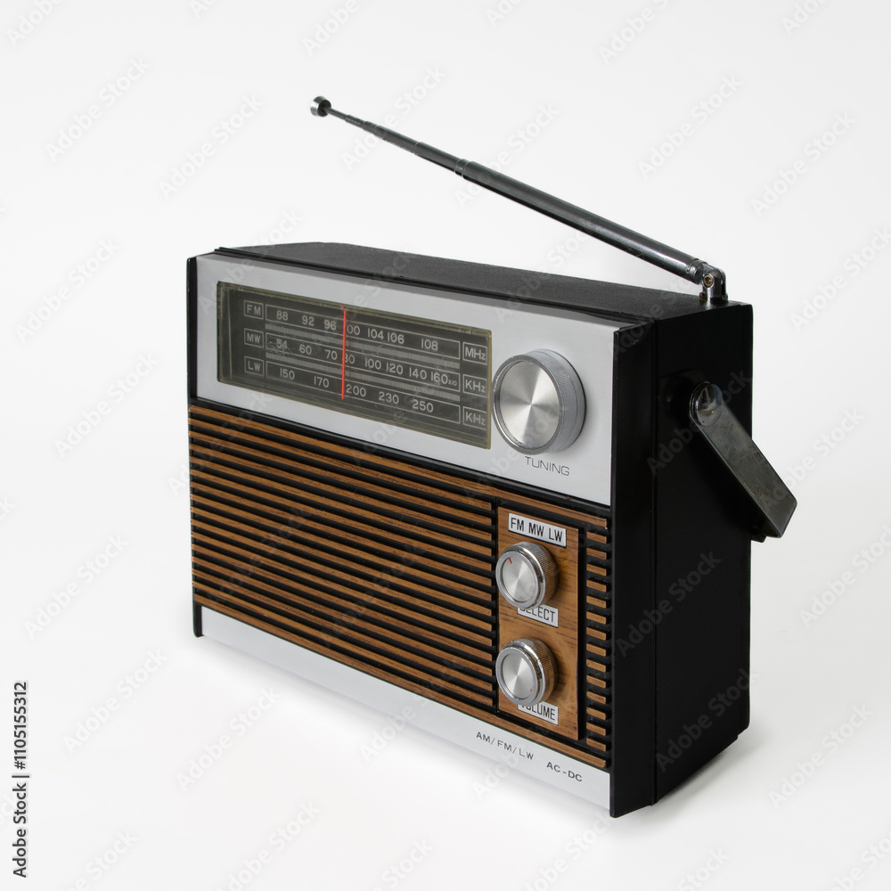 Old portable radio 70s 80s on white background isolated. square format Old portable radio 70s 80s on white background isolated. square format
