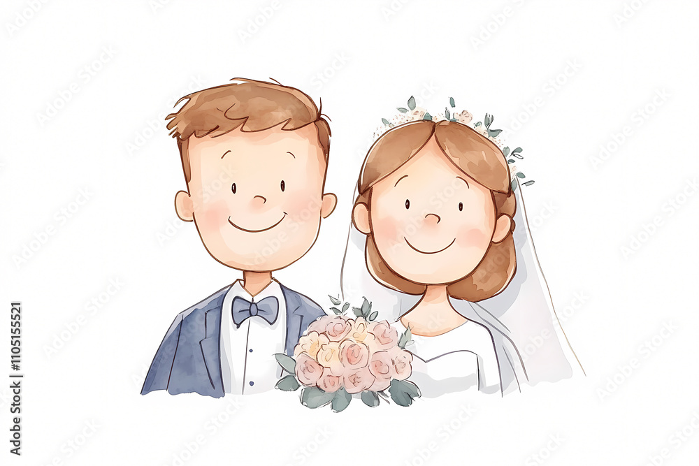 A joyful wedding moment captured in an illustration highlighting love and togetherness. On white background A joyful wedding moment captured in an illustration highlighting love and togetherness. On white background