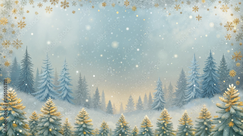 Snowy winter landscape with golden accents and pine trees Snowy winter landscape with golden accents and pine trees