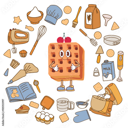 Colorful trendy baking accessories. Set of kitchen utensils for cooking in doodle style on white background. Waffle with cherry filling. Vector. 