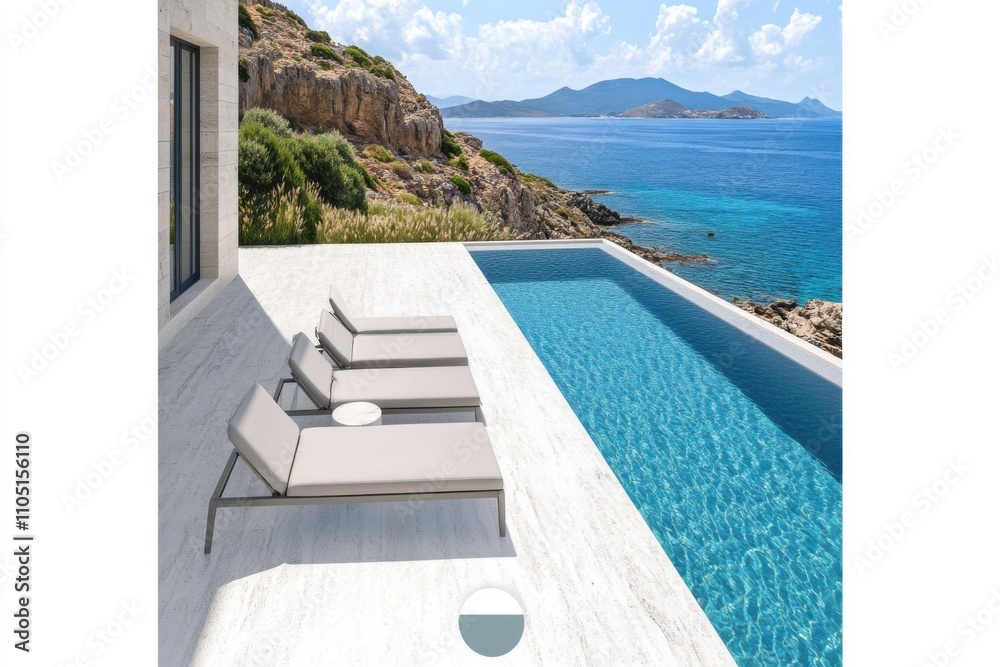 Fototapeta premium Minimalistic luxurious outdoor poolside with ocean view for relaxation and serenity