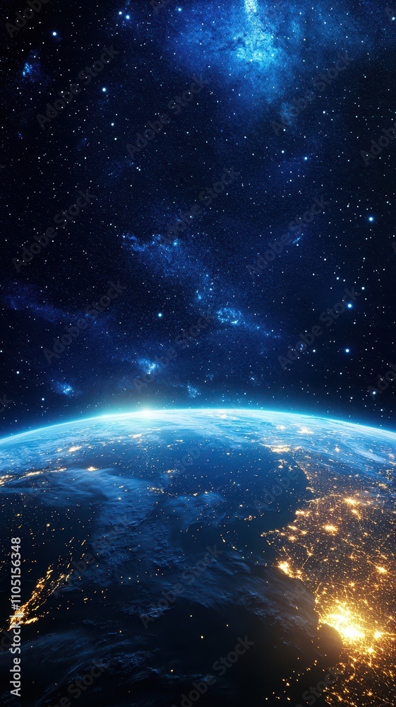 Obraz premium A stunning view of Earth illuminated at night, surrounded by a vast expanse of stars and galaxies, showcasing the beauty of our planet from space.